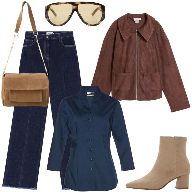 Outfit donna - Occhiali da sole oversize. Stile Casual per Ufficio. Abbinamento con camicie, borse a tracolla, stivaletti, cappotti, jeans, occhiali da sole.