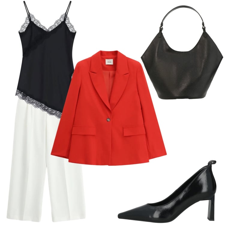 Outfit donna - Il Blazer che fa la differenza. Stile Casual chic per Ufficio. Abbinamento con décolleté, pantaloni a palazzo, top, borse a spalla, blazer.