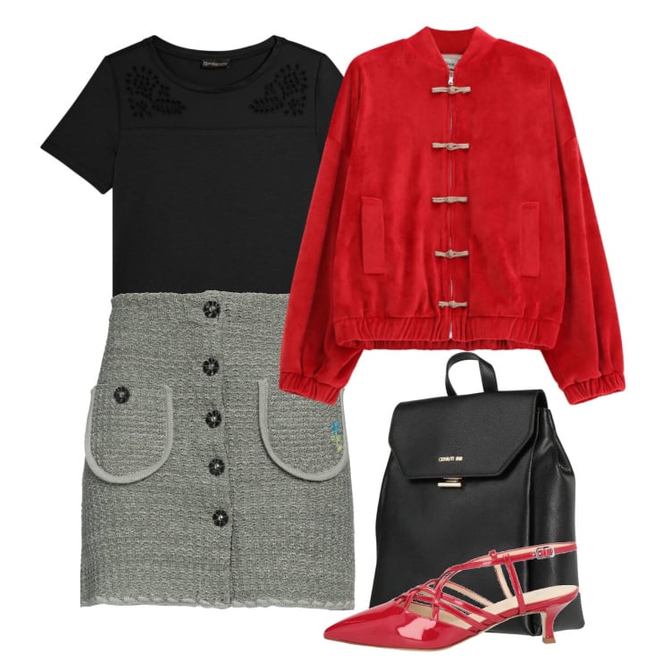 Outfit donna - Marzo. Stile Chic per Tutti i giorni. Abbinamento con décolleté, minigonne, zaini, bomber, t-shirt.