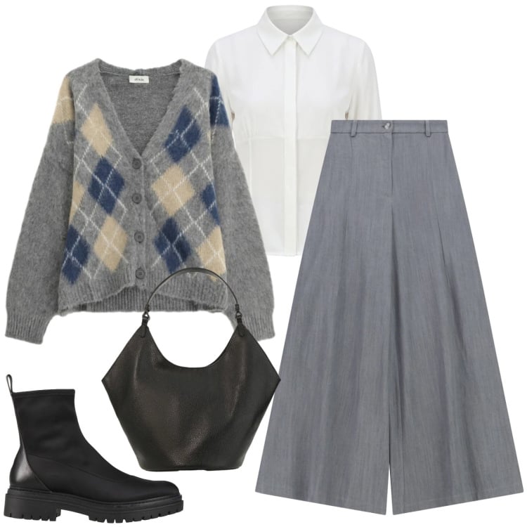 Outfit donna - Total look #2367362. Stile Casual per Ufficio. Abbinamento con stivaletti, camicie, pantaloni a palazzo, borse a spalla, cardigans.