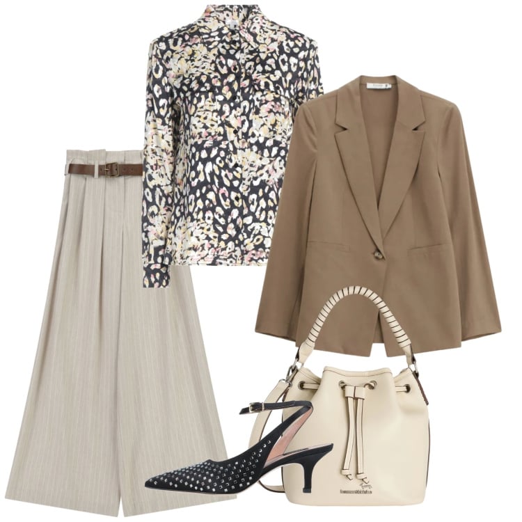 Outfit donna - Marzo. Stile Bon Ton per Ufficio. Abbinamento con camicie, décolleté, borse a secchiello, blazer, pantaloni a palazzo.