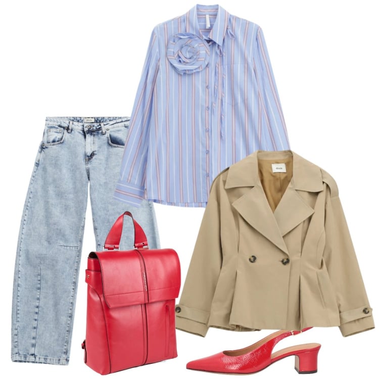 Outfit donna - Primavera. Stile Bon Ton per Tutti i giorni. Abbinamento con décolleté, zaini, camicie, jeans, blazer.