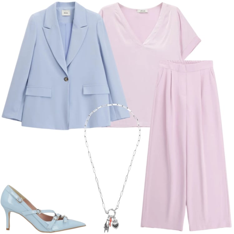Outfit donna - I colori della nuova stagione. Stile Casual chic per Tutti i giorni. Abbinamento con décolleté, blazer, t-shirt, pantaloni a palazzo, ciondoli.