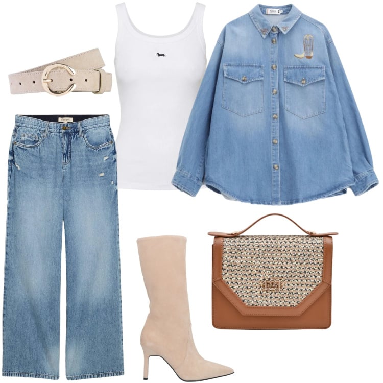 Outfit donna - 2026/Jeans rimborsati negli stivali. Stile Trendy per Tutti i giorni. Abbinamento con stivali, jeans, cinture, canottiere, camicie, pochette.