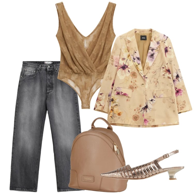 Outfit donna - Spring in jeans. Stile Chic per Tutti i giorni. Abbinamento con décolleté, zaini, jeans, top, blazer.