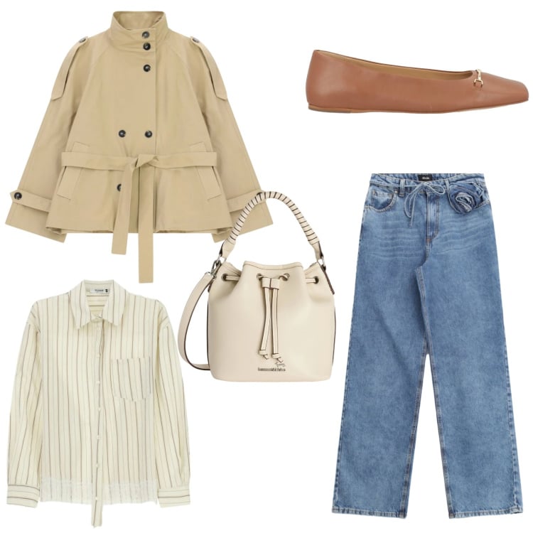 Outfit donna - Trench e ballerine look evergreen. Stile Chic per Tutti i giorni. Abbinamento con ballerine, borse a secchiello, camicie, trench, jeans.