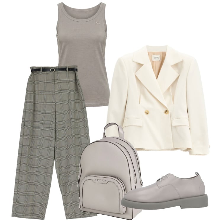 Outfit donna - Neutri mannish. Stile Mannish per Tutti i giorni. Abbinamento con zaini, scarpe stringate, canottiere, pantaloni a palazzo, blazer.
