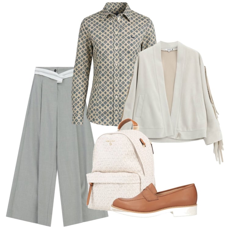 Outfit donna - Marzo. Stile Bon Ton per Tutti i giorni. Abbinamento con zaini, mocassini, camicie, blazer, pantaloni a palazzo.