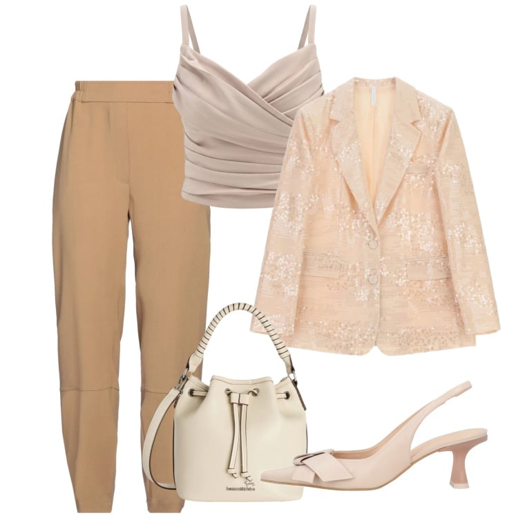 Outfit donna - Cerimonia in pantaloni. Stile Chic per Cerimonia. Abbinamento con décolleté, pantaloni, borse a secchiello, canottiere, blazer.