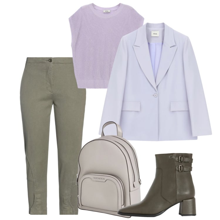 Outfit donna - Marzo. Stile Bon Ton per Ufficio. Abbinamento con zaini, jeans slim fit, stivaletti, blazer, top.