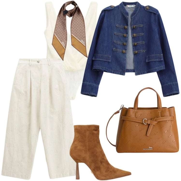 Outfit donna - 2026/La giacca napoleone. Stile Trendy per Tutti i giorni. Abbinamento con sciarpe, stivaletti, borse a mano, blazer, top, pantaloni a palazzo.