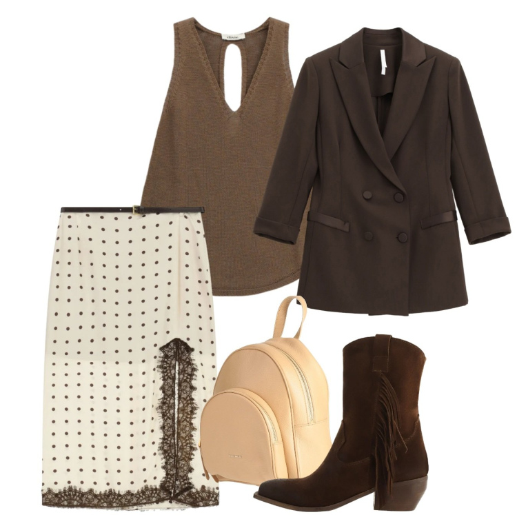 Outfit donna - Marrone. Stile Chic per Serata fuori. Abbinamento con zaini, gonne lunghe, blazer, stivali, top.