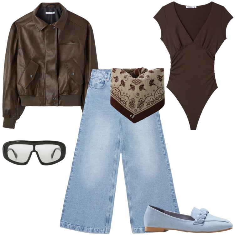 Outfit donna - Il foulard come accessorio principale. Stile Casual per Tutti i giorni. Abbinamento con mocassini, giacche, jeans, top, occhiali da sole, foulard.