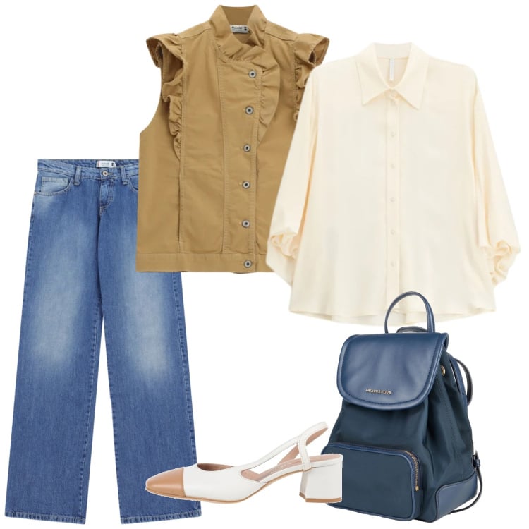 Outfit donna - Casual chic. Stile Casual chic per Tutti i giorni. Abbinamento con zaini, décolleté, gilet, jeans dritti, camicie.