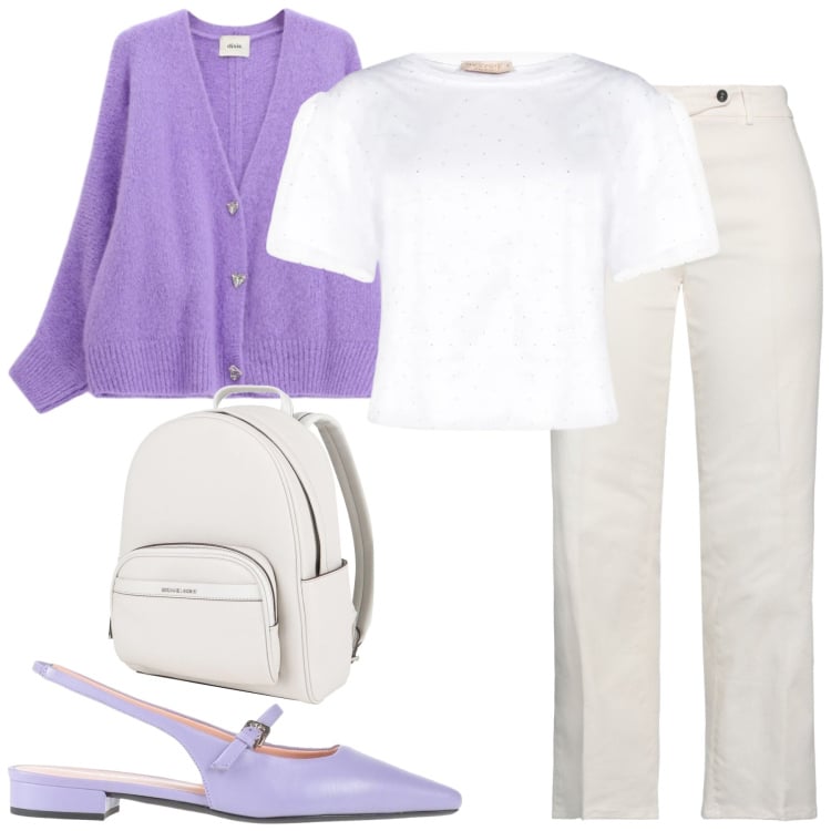 Outfit donna - Sinfonia di Lavanda. Stile Casual chic per Tutti i giorni. Abbinamento con ballerine, zaini, jeans dritti, t-shirt, cardigans.