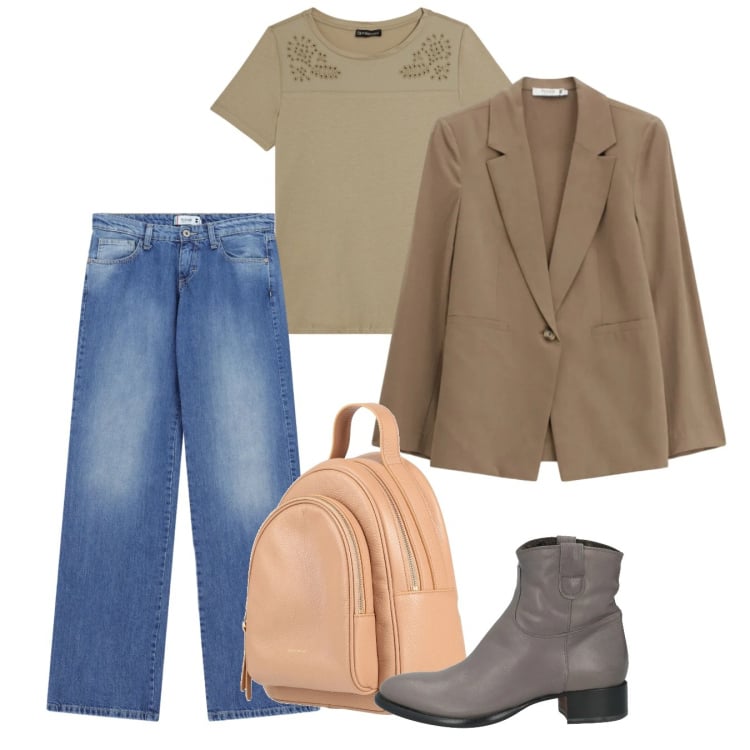 Outfit donna - Marzo. Stile Bon Ton per Tutti i giorni. Abbinamento con stivaletti, zaini, jeans dritti, blazer, t-shirt.