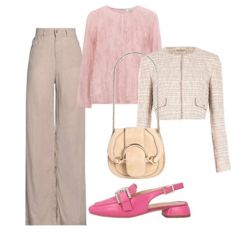 Outfit donna - Toni cipria. Stile Bon Ton per Cerimonia. Abbinamento con décolleté, marsupi, jeans, blazer, top.