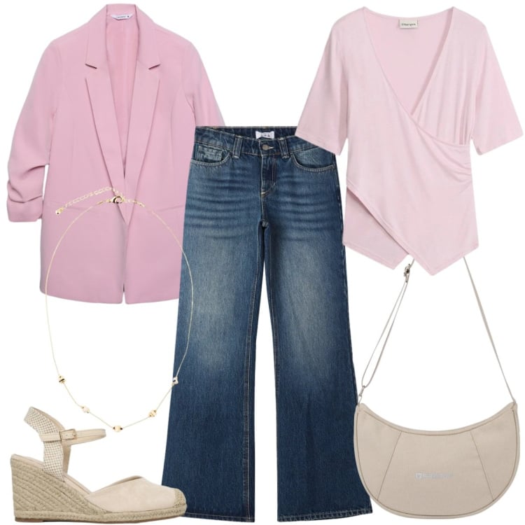 Outfit donna - La t-shirt effetto incrociato. Stile Casual chic per Ufficio. Abbinamento con t-shirt, collane, blazer, zeppe, jeans, borse a spalla.