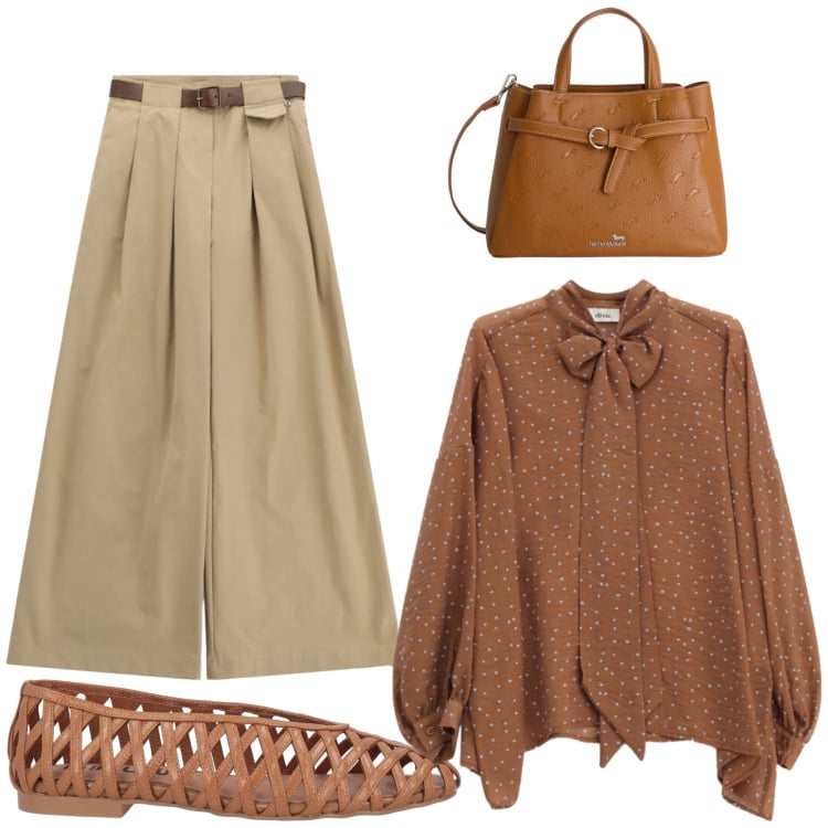 Outfit donna - Sabbia e Cannella. Stile Vintage retrò per Ufficio. Abbinamento con ballerine, borse a mano, pantaloni a palazzo, camicie.