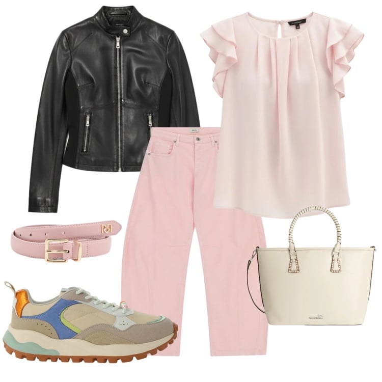 Outfit donna - Romantica e rock. Stile Romantica per Tutti i giorni. Abbinamento con shopping bag, giacche, cinture, top, sneakers, pantaloni.