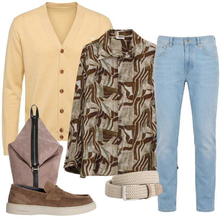 Outfit uomo - Eleganza Relax tra Ocra e Terra. Stile Trendy per Tutti i giorni. Abbinamento con camicie, cinture, borse sportive, jeans, scarpe stringate, cardigans.
