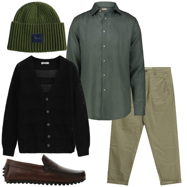 Outfit uomo - Stile Outdoor-Chic. Stile Trendy per Tutti i giorni. Abbinamento con berretti, pantaloni, cardigans, scarpe stringate, camicie.