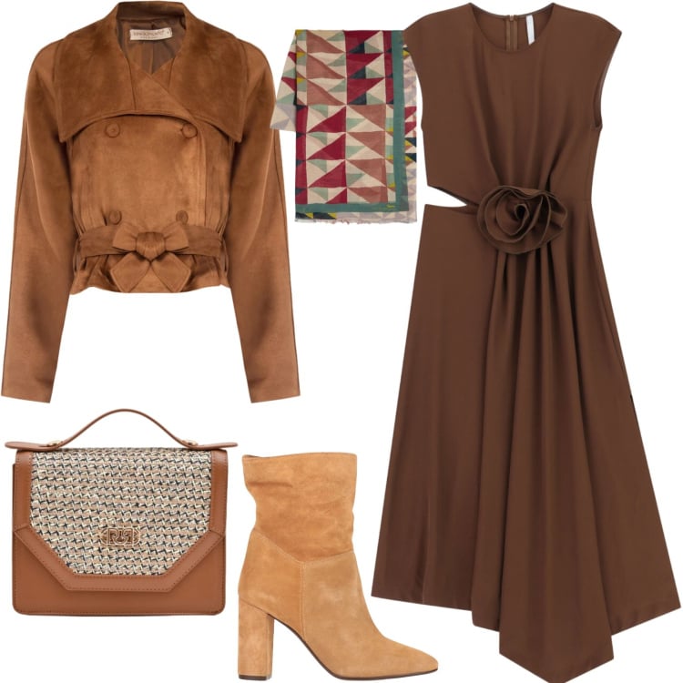 Outfit donna - Vestito asimmetrico cacao. Stile Trendy per Tutti i giorni. Abbinamento con stivaletti, sciarpe, giacche, pochette, vestiti midi/longuette.