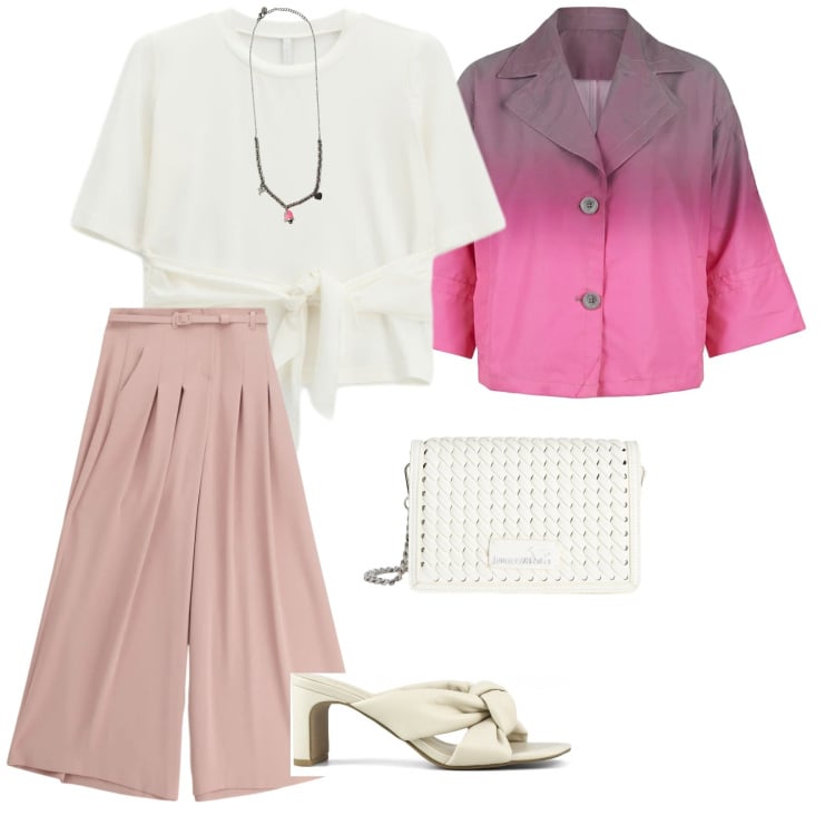 Outfit donna - Marzo in rosa. per Tutti i giorni. Abbinamento con borse a tracolla, pantaloni a palazzo, t-shirt, cappotti, ciondoli, sandali col tacco.