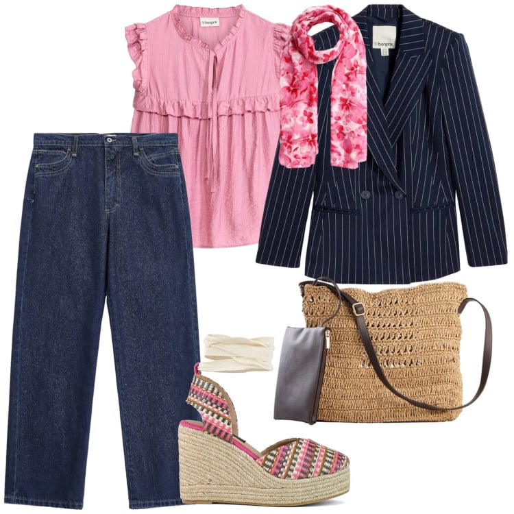 Outfit donna - Marzo in rosa. per Mare. Abbinamento con bluse, blazer, borse a tracolla, foulard, jeans dritti, zeppe.