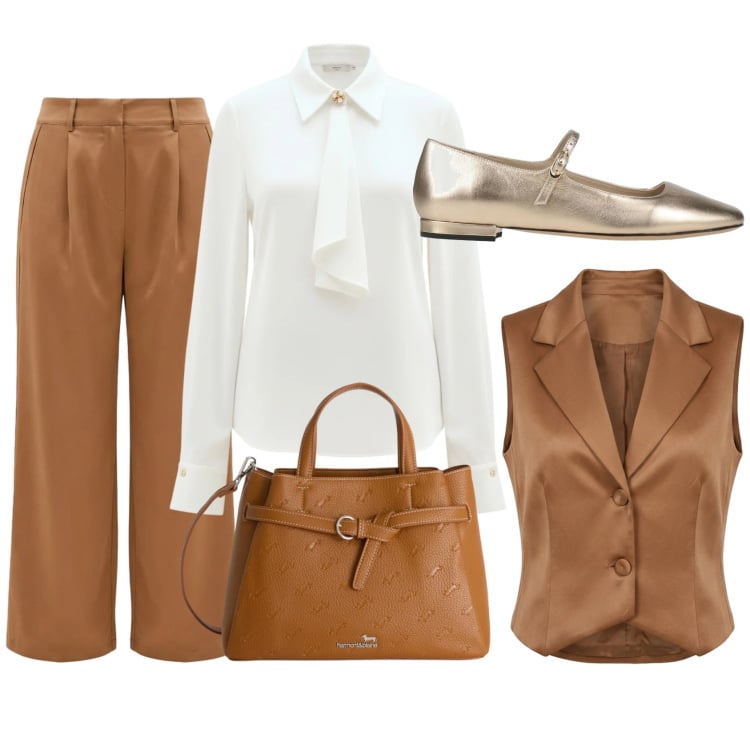 Outfit donna - Ufficio elegance. Stile Chic per Ufficio. Abbinamento con ballerine, borse a mano, camicie, pantaloni a palazzo, gilet.