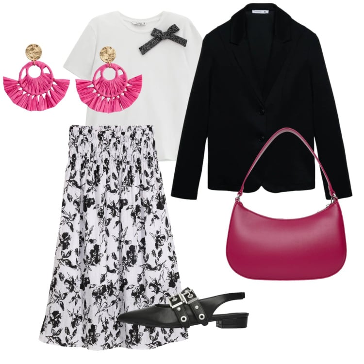 Outfit donna - Le ballerine. per Ufficio. Abbinamento con orecchini, gonne longuette, borse a tracolla, ballerine, blazer, t-shirt.