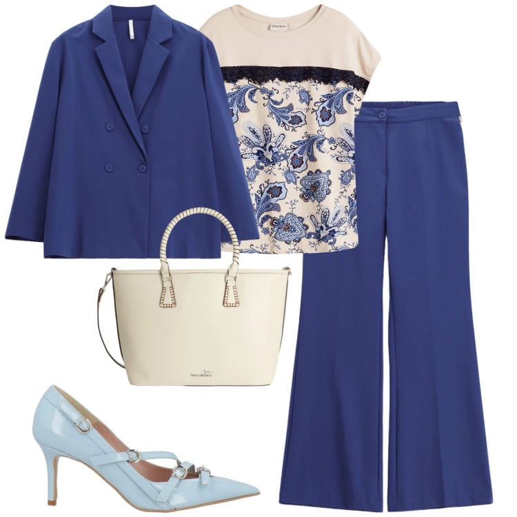 Outfit donna - Marzo. Stile Urban per Tutti i giorni. Abbinamento con décolleté, t-shirt, shopping bag, pantaloni a palazzo, blazer.