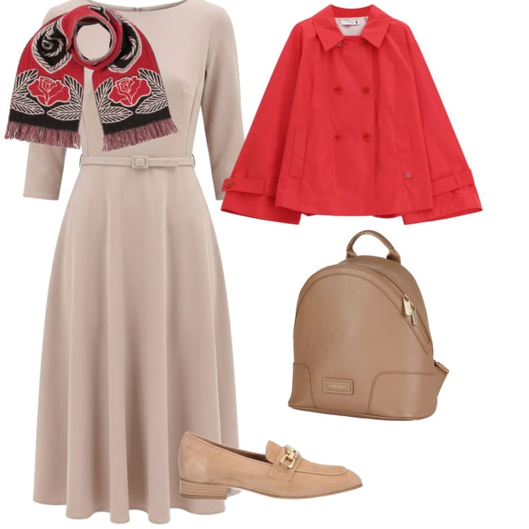 Outfit donna - Look di primavera. per Tutti i giorni. Abbinamento con mocassini, zaini, sciarpe, giacche, vestiti midi/longuette.