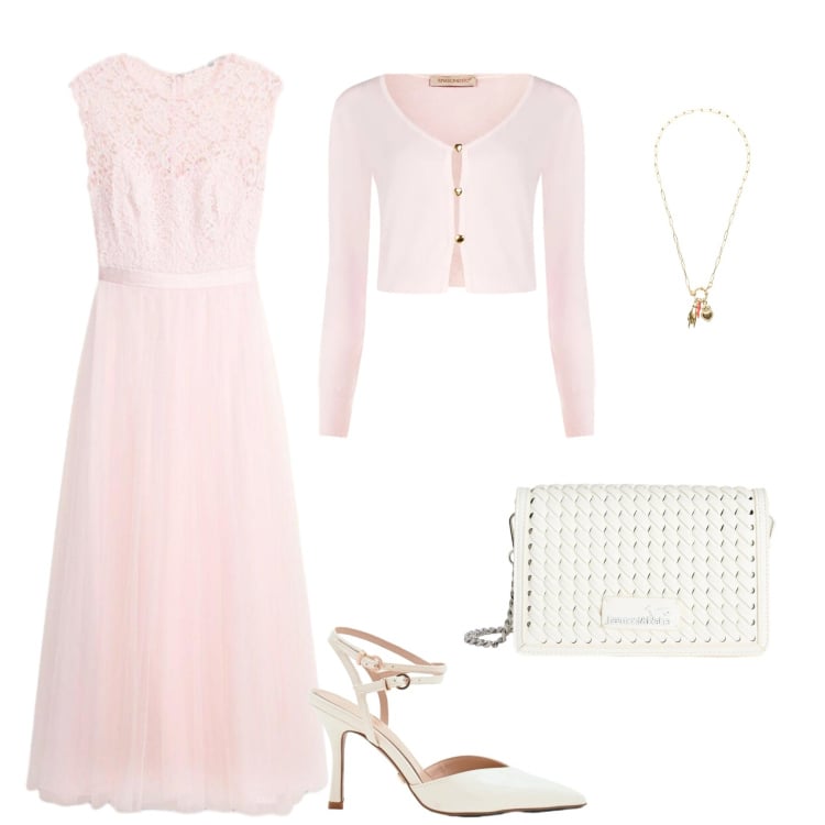 Outfit donna - Marzo in rosa. Stile Casual chic per Cerimonia. Abbinamento con vestiti, borse a tracolla, cardigans, décolleté, ciondoli.