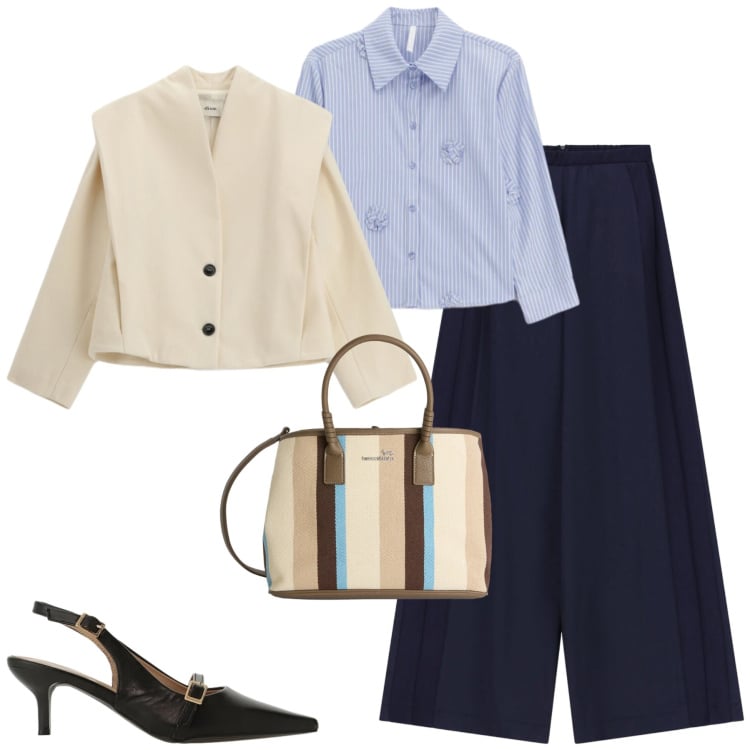 Outfit donna - City. Stile Urban per Tutti i giorni. Abbinamento con shopping bag, camicie, pantaloni a palazzo, sandali col tacco, blazer.