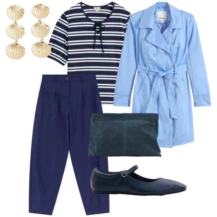 Outfit donna - Look di primavera. per Mare. Abbinamento con ballerine, trench, t-shirt, orecchini, pantaloni, pochette.