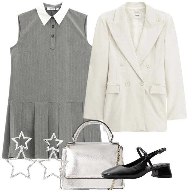 Outfit donna - Gessato a vita bassa. Stile Bon Ton per Ufficio. Abbinamento con décolleté, orecchini, borse a tracolla, vestiti corti, blazer.