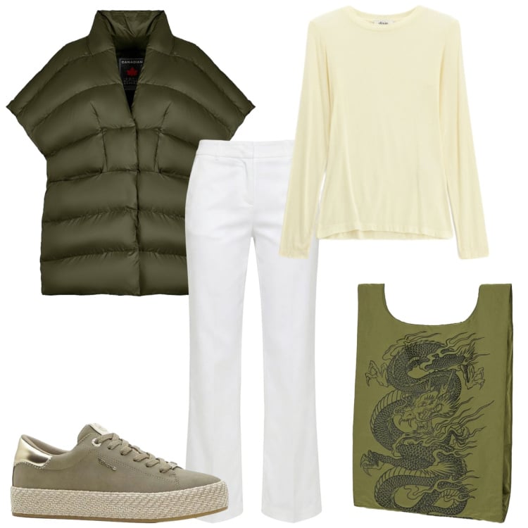 Outfit donna - Look da weekend primaverile. Stile Sporty chic per Tutti i giorni. Abbinamento con sneakers, pantaloni, shopping bag, piumini, t-shirt.