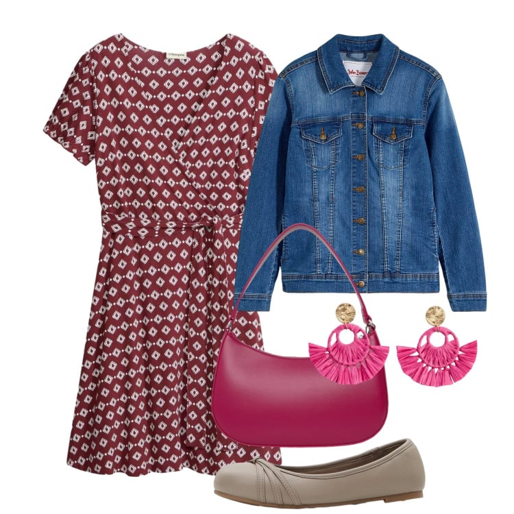 Outfit donna - Primavera. Stile Bon Ton per Tutti i giorni. Abbinamento con vestiti, blazer, orecchini, ballerine, borse a tracolla.