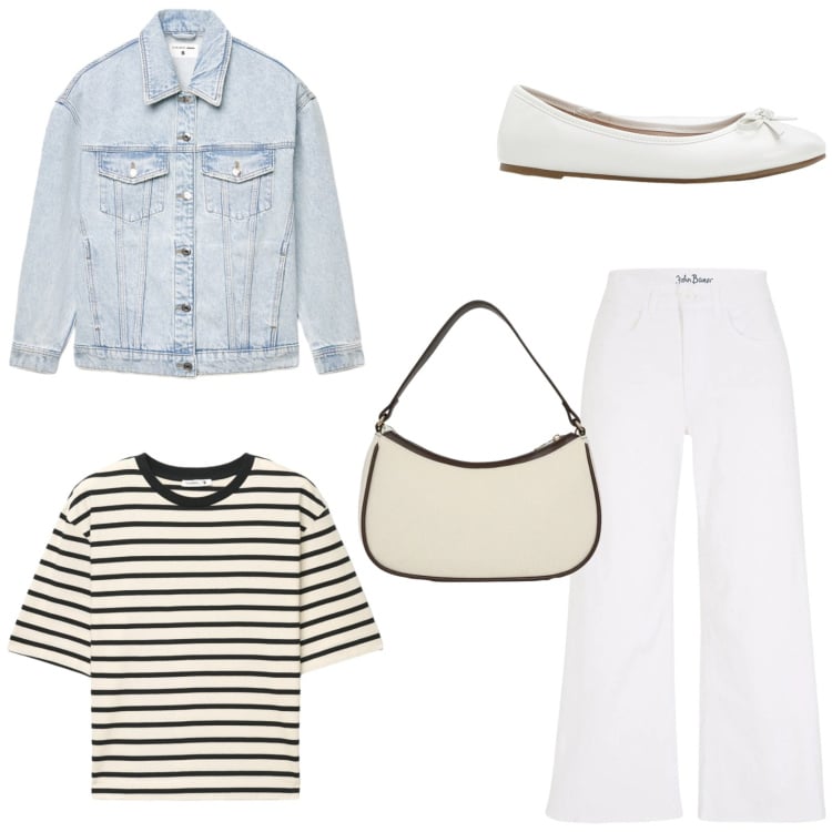 Outfit donna - Weekend parisienne. Stile Casual per Tutti i giorni. Abbinamento con ballerine, jeans, t-shirt, borse a tracolla, cappotti.