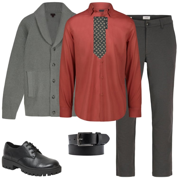 Outfit uomo - Urban Cardigan Style. Stile Business/Elegante per Ufficio. Abbinamento con pantaloni chino, scarpe stringate, camicie, cinture, cravatte, cardigans.