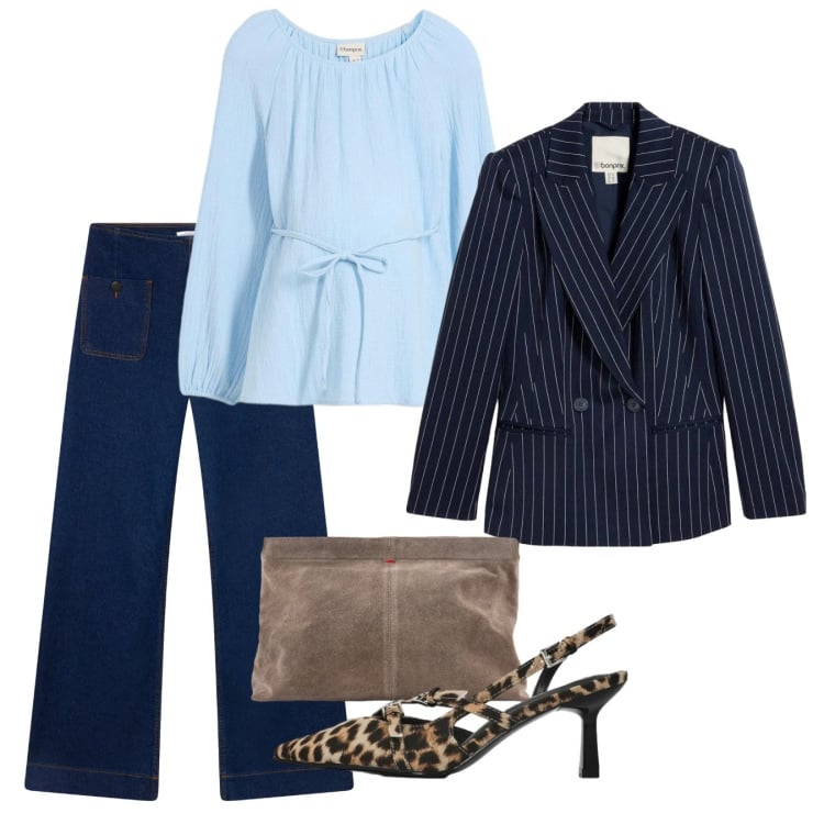 Outfit donna - Gessato blu. Stile Casual chic per Tutti i giorni. Abbinamento con bluse, blazer, jeans, décolleté, pochette.