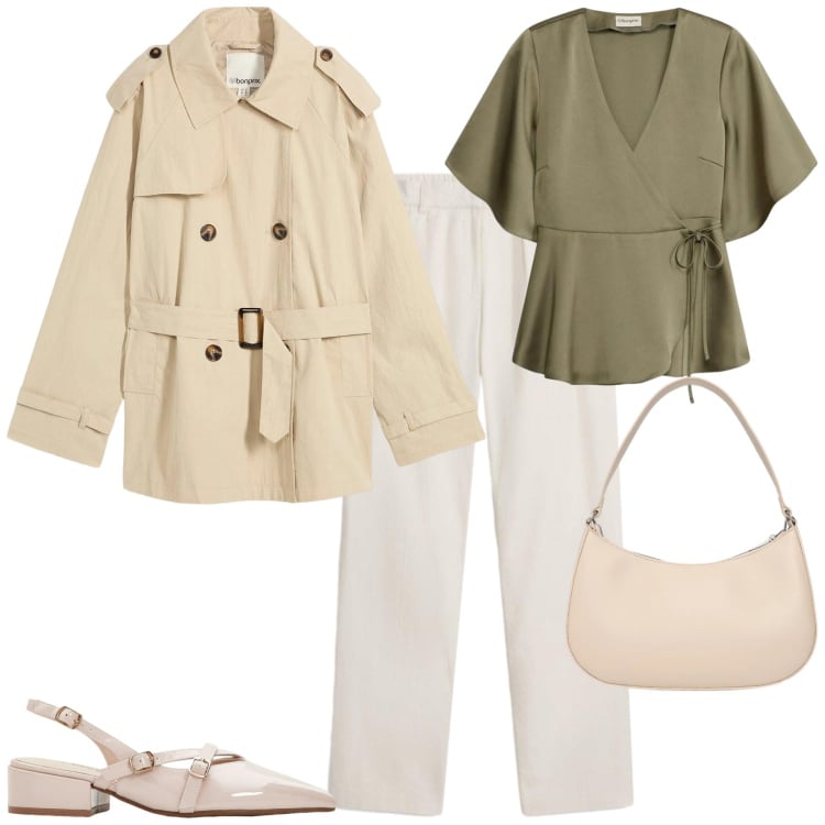 Outfit donna - City. Stile Urban per Tutti i giorni. Abbinamento con bluse, décolleté, trench, pantaloni, borse a tracolla.