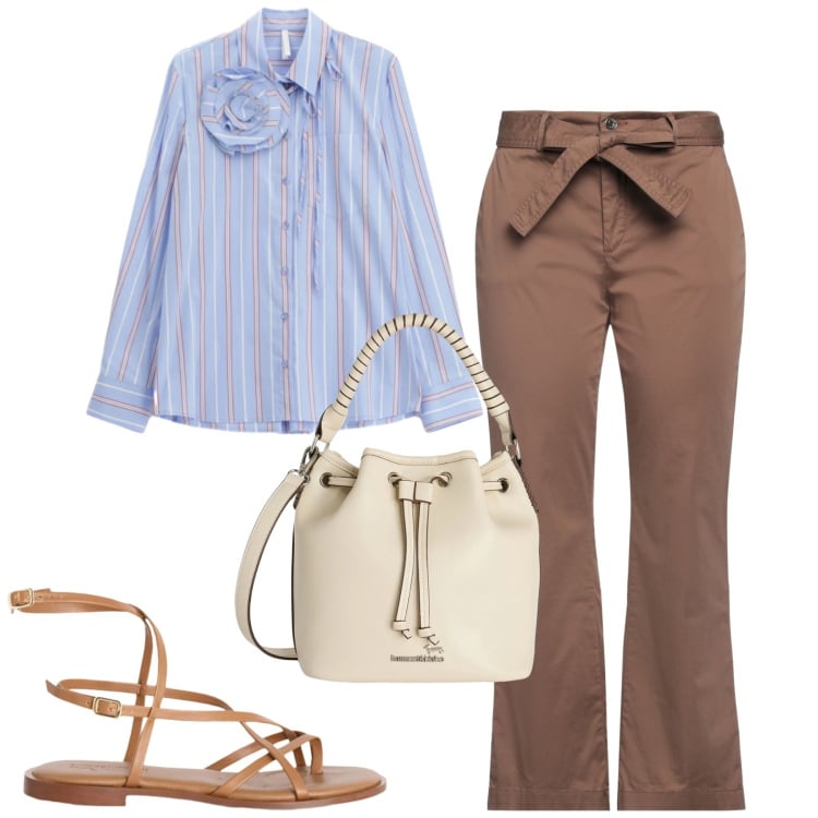 Outfit donna - Spring. Stile Casual chic per Tutti i giorni. Abbinamento con pantaloni, borse a secchiello, sandali in pelle, camicie.