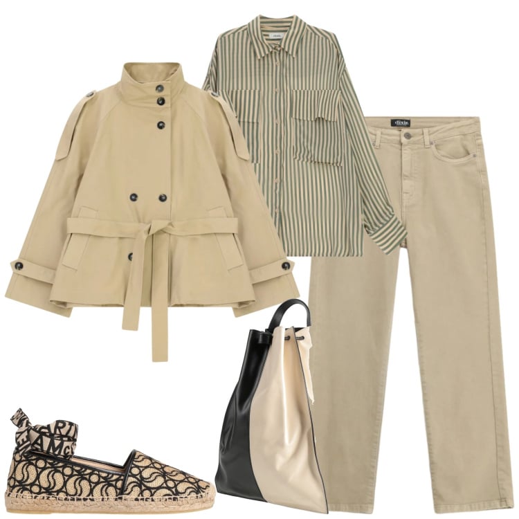 Outfit donna - City. Stile Casual chic per Tutti i giorni. Abbinamento con zaini, espadrillas, trench, camicie, jeans dritti.