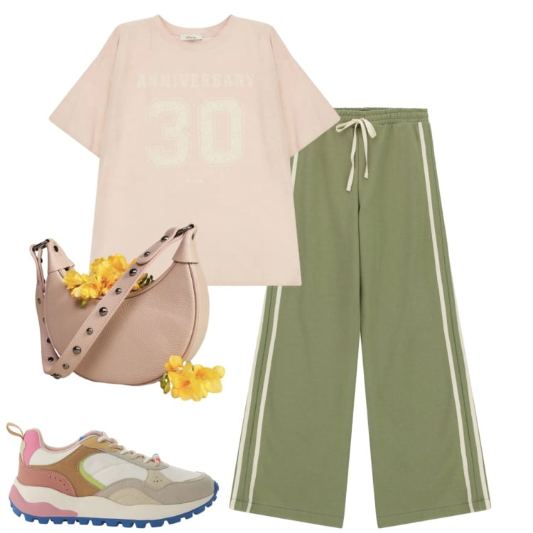 Outfit donna - Dixie. Stile Casual per Tutti i giorni. Abbinamento con sneakers, t-shirt, pantaloni a palazzo, borse a spalla.