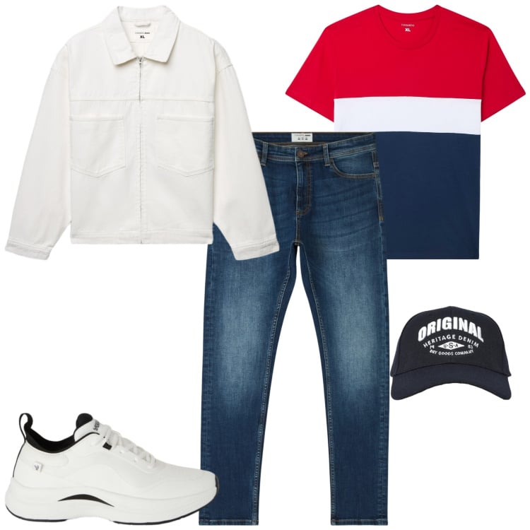 Outfit uomo - Marzo. Stile Casual per Tutti i giorni. Abbinamento con sneakers, jeans skinny, t-shirt, cappelli con visiera, giacche.