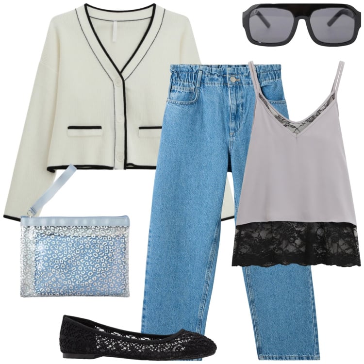 Outfit donna - Sun kisses. Stile Basic per Tutti i giorni. Abbinamento con ballerine, occhiali da sole, cardigans, top, pochette, jeans.