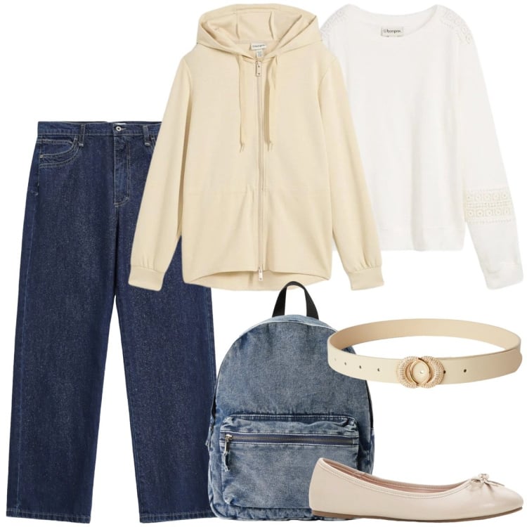 Outfit donna - Il ritorno delle ballerine. Stile Basic per Tutti i giorni. Abbinamento con cardigans, felpe, ballerine, zaini, cinture, jeans dritti.
