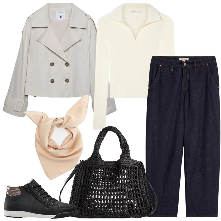 Outfit donna - Look da weekend primaverile. Stile Casual chic per Tutti i giorni. Abbinamento con sneakers alte, jeans, borse a tracolla, caban, maglieria, foulard.